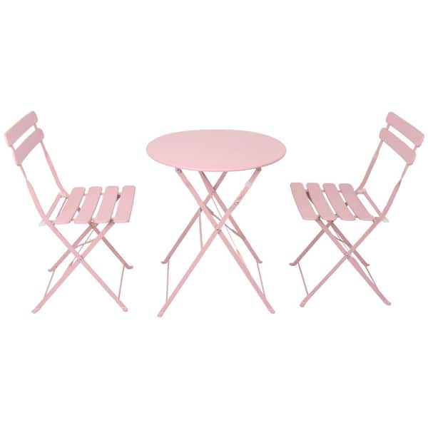 ITOPFOX Pink 3-Piece Metal Round Bar Height Patio Outdoor Bistro Balcony Metail Chair Table Set with Beige Cushions