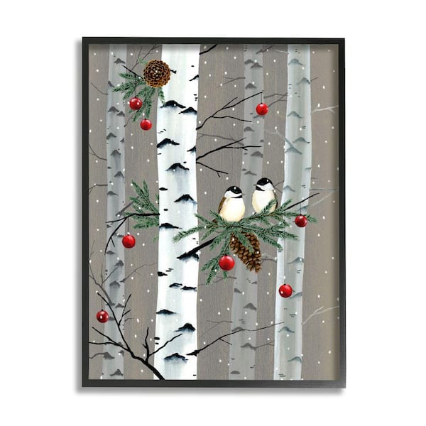 Stupell Industries "Birds and Holiday Ornaments Birch Tree Forest" by Grace Popp Framed Animal Wall Art Print 16 in. x 20 in.