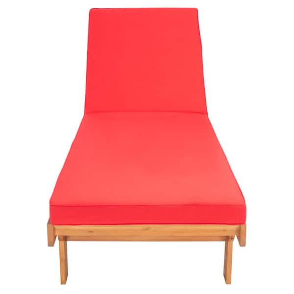 SAFAVIEH Newport Natural 1-Piece Wood Outdoor Chaise Lounge Chair with Red Cushion