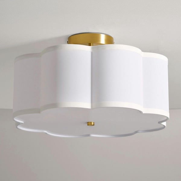 16 in. 3-Light Gold LED Semi-Flush Mount Ceiling Light Fixture with Petal Fabric Shade E26 Bases