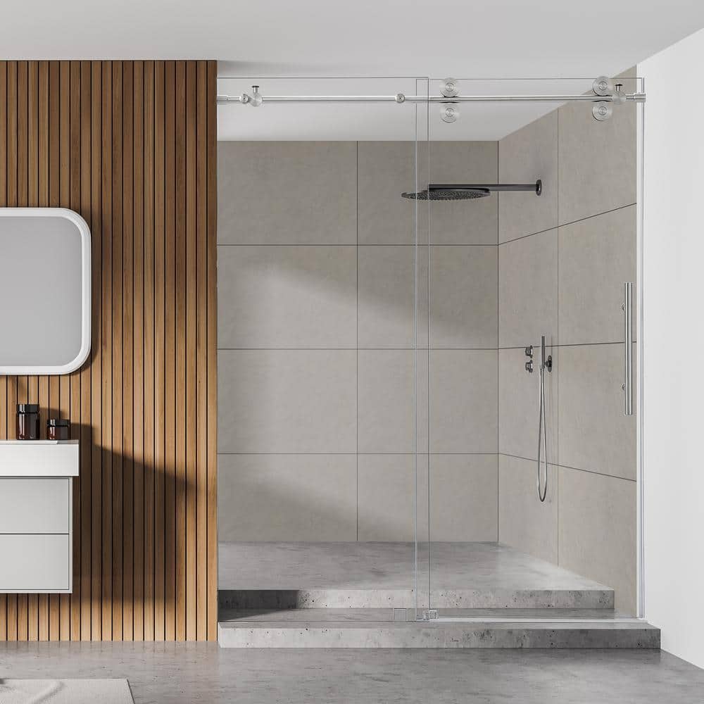 60" x 78" Nickel Frameless Sliding Shower Door with Clear Glass