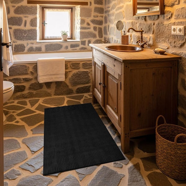 Harmony 2 x 3 ft. and 2 x 7 ft. 2-Pieces Black Non-Slip Rubber Back Washable Polyester Wave Runner Rug Set