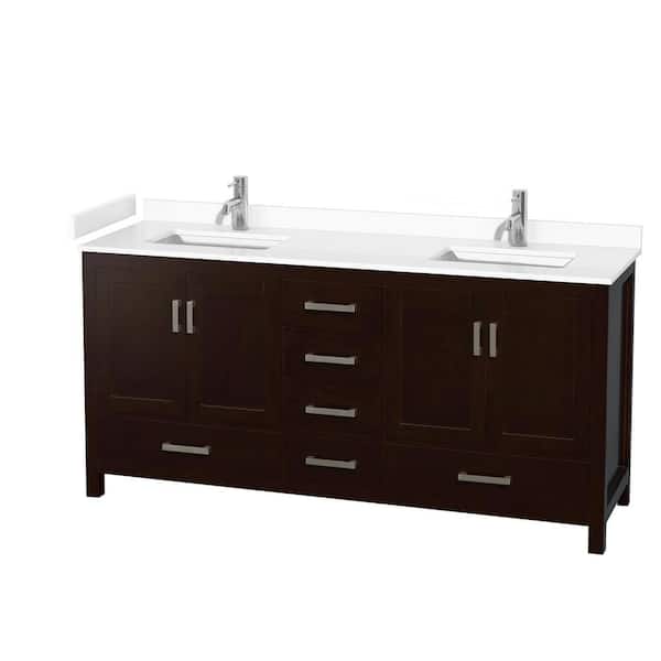 Wyndham Collection Sheffield 72 in. W x 22 in. D Double Bath Vanity in Espresso with Cultured Marble Vanity Top in White with White Basins