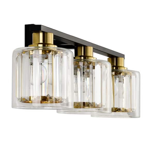 ExBrite Merrin 22.2 in. 3-Light Black Golden Bathroom Vanity Light with Crystal Shades