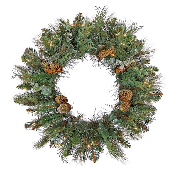 30 in. Pre-Lit Artificial North Conway Wreath with Glittery Cones and Eucalyptus, 100 Clear Lights- UL