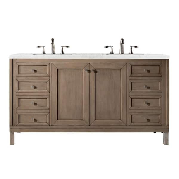 James Martin Vanities Chicago 60 in. W x 23.5 in.D x 33.8 in.H Double Bath Vanity in Whitewashed Walnut with Quartz Top Eternal Jasmine Pearl