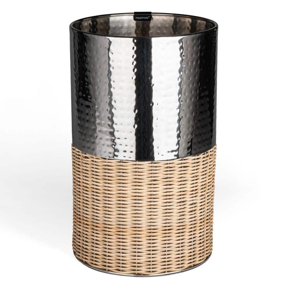 Asher Chrome and Natural Wicker Cylinder Waste Basket