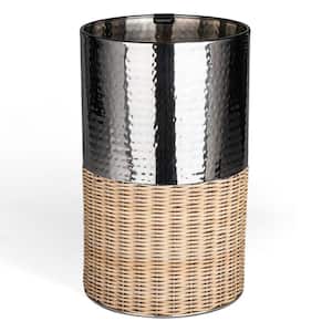 Asher Modern 4.13 Gal. 2-Tone Natural Wicker/Metal Cylinder Waste Basket, Chrome/Natural