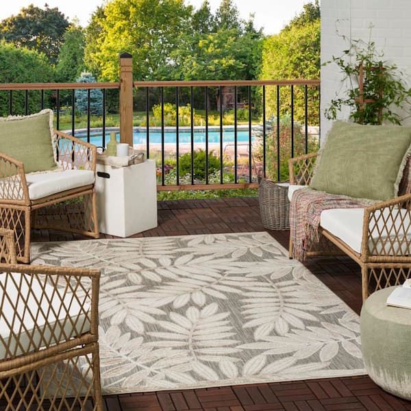 Aloha Natural 6 ft. x 9 ft. Floral Modern Indoor/Outdoor Patio Area Rug
