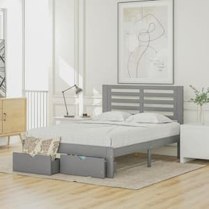 Gray Wood Frame Full Size Platform Bed with 2-Drawers and Horizontal Strip Hollow Shape Headboard