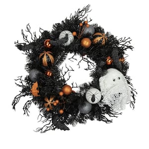 24 in. Orange Ornaments and Ghost Pine Halloween Wreath Unlit