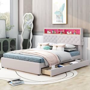 Wood Frame Beige Full Size Upholstered Platform Bed with Storage Headboard, LED, USB Charging and 2-Drawers