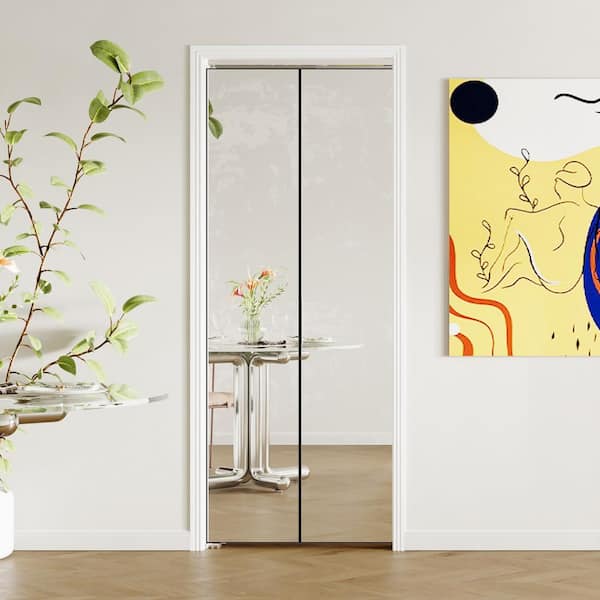 TENONER 30 in. x 80 in., Mirrored Glass, Black, Hollow Core, MDF, Aluminum Frame, Full Lite Bi-fold Doors with Hardware Kits