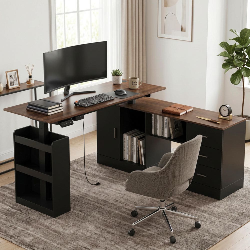 FUFU&GAGA 63 in. W L-Shape Black & Wood Grain Wooden 3-Drawer