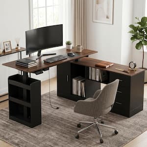 63 in. W L-Shape Black & Wood Grain Wooden 3-Drawer Adjustable Height Writing Desk, Computer Desk with 5-Shelf & 1 Door
