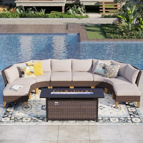 PHI VILLA Brown Rattan Wicker 8-Seat 9-Piece Steel Outdoor Fire Pit Patio Set with Beige Cushions and Rectangular Fire Pit Table