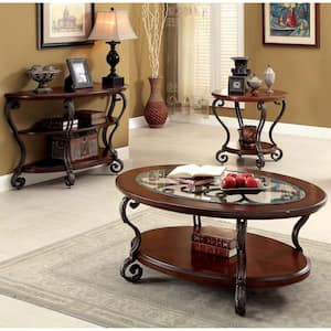 Nestillia 3-Piece 48 in. Brown Oval Glass Coffee Table Set with Shelf