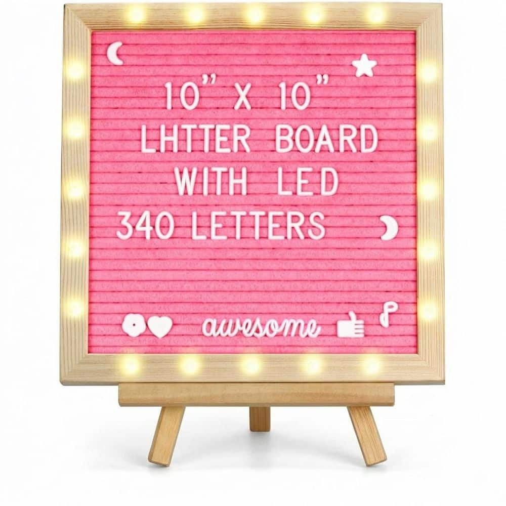 1-Pack Pink Felt Letter Board w Built-In LED Lights Changeable