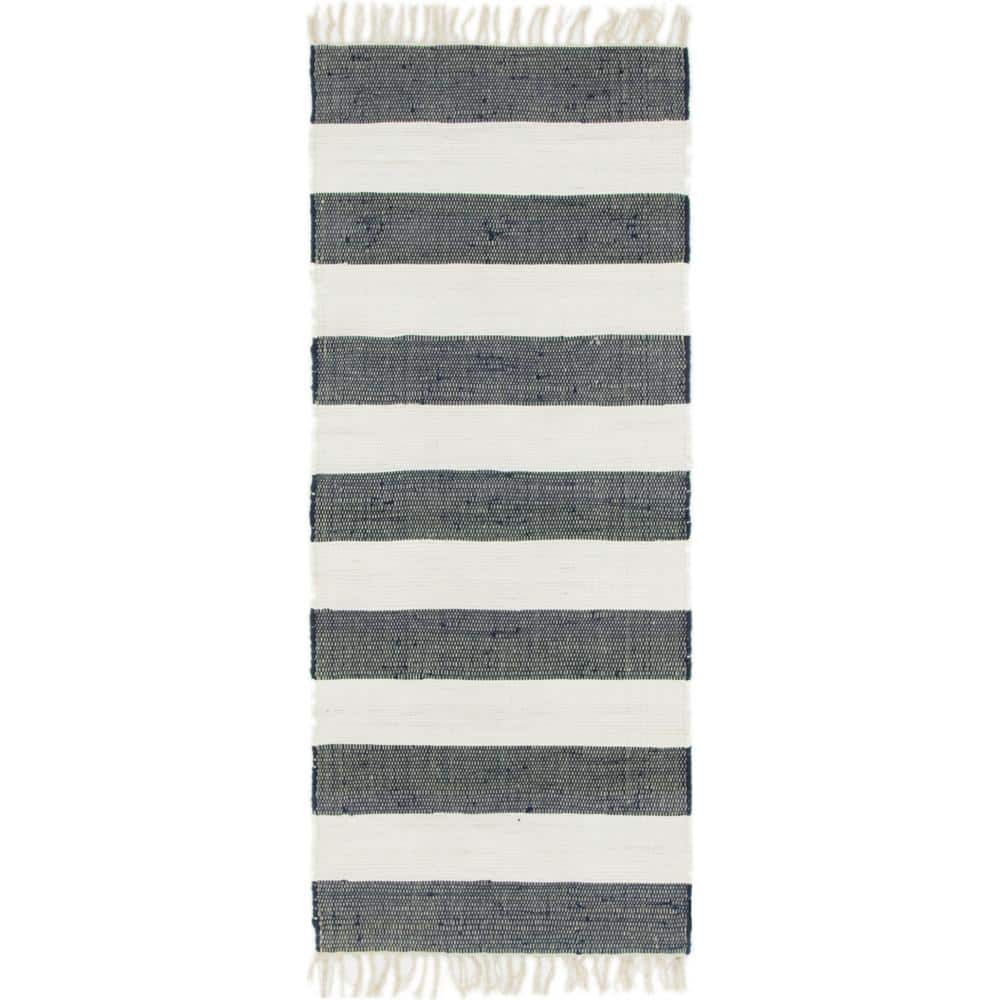 Handwoven Navy Blue Stripe Indoor Runner with Recycled Cotton