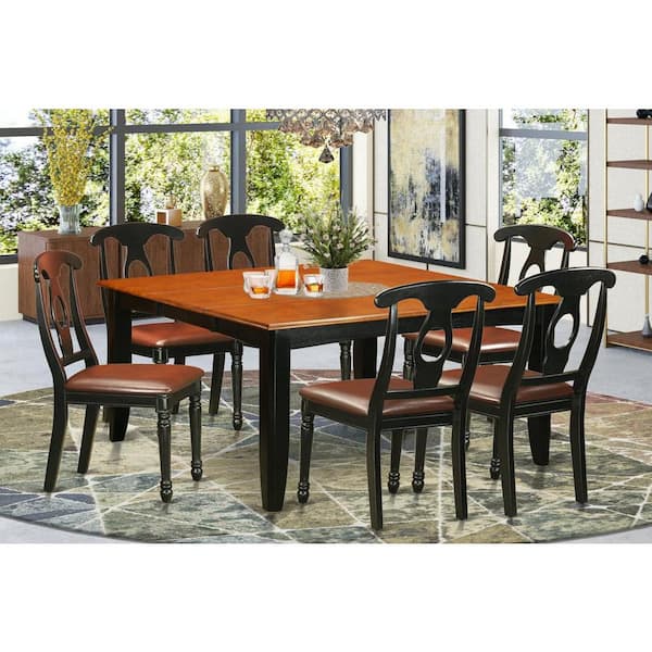 East West Furniture 7-Piece Square Black & Cherry Finish Solid Wood Top Dining Table with 6-Chairs with Lattice Back