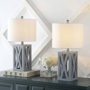 Stewart 21.5 in. Farmhouse Wood LED Table Lamp Set with Wood Base and Linen Shade, Gray (Set of 2)