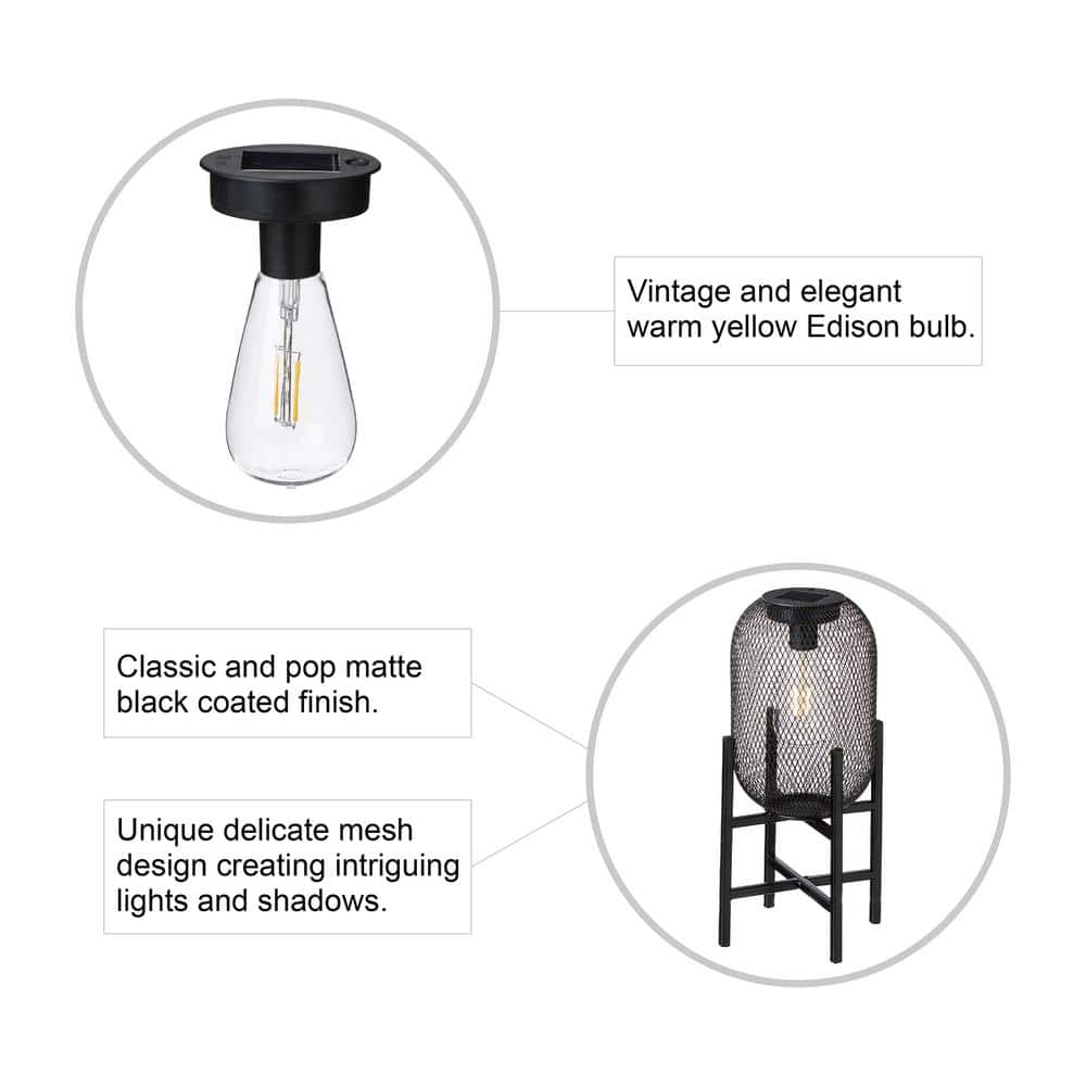 14.25" Black Metal Mesh Solar Outdoor Lantern with Stand