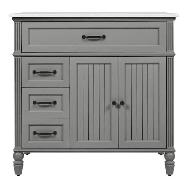 36 in. Gray Wood Rectangle Vessel Sink Bathroom Vanity Combo with Drawers, Solid Frame and MDF Board