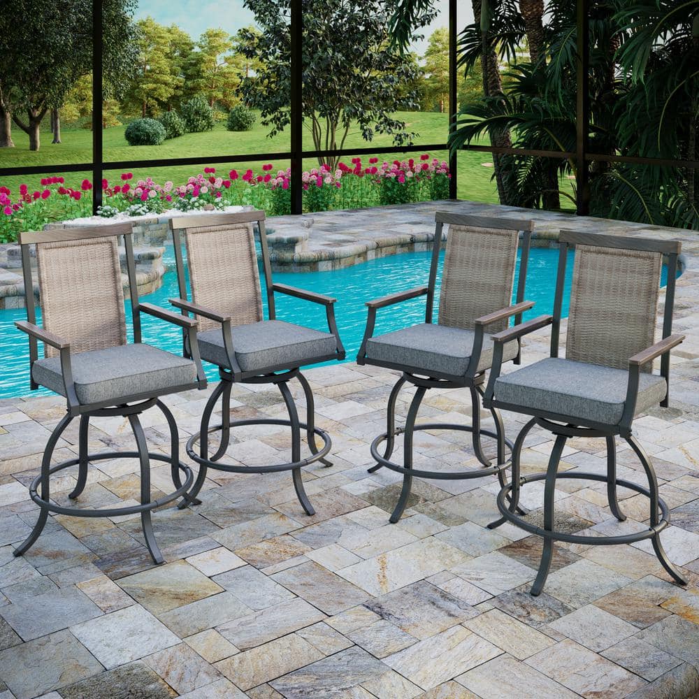 PHI VILLA Swivel Metal Outdoor Bar Stool With Grey Cushion 4 Pack THD 2E02GF131 The Home Depot