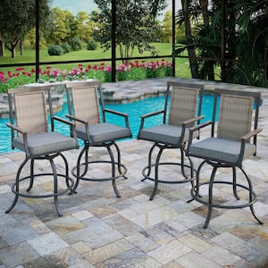 Swivel Metal Outdoor Bar Stool with Grey Cushion (4-Pack)