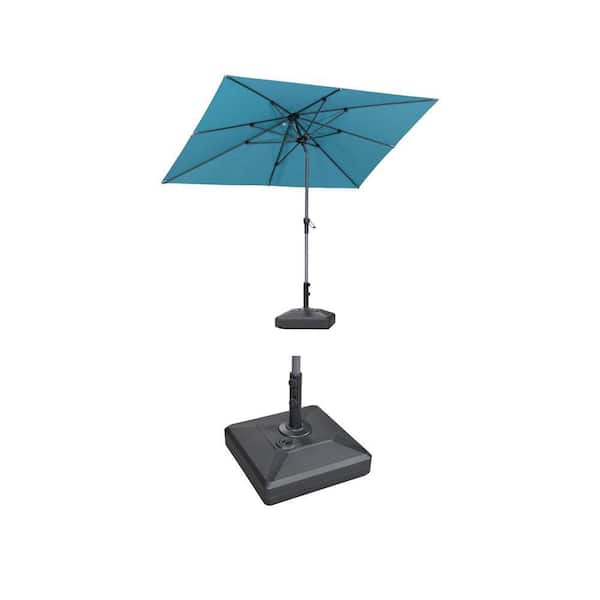 6.  5 ft. x 10 ft. Turquoise Blue Umbrella with Crank and 154 lbs. Black Umbrella Base