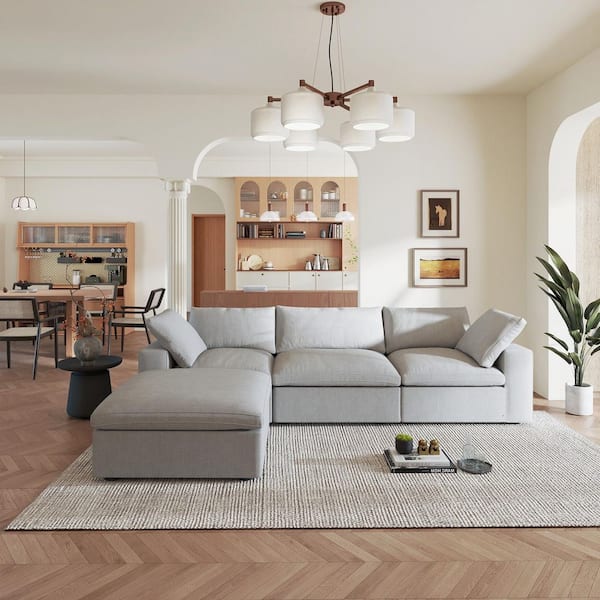 Storage 118 in. Square Arm Down Filled Linen 3-Seater Cloud Modular Tuxedo Sofa in Gray with Ottoman, Removable Covers