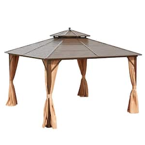 12 ft. x 12 ft. Outdoor Hardtop Gazebo Canopy Pergolas Brown Frame with Netting and Curtains for Garden, Patio, Lawns