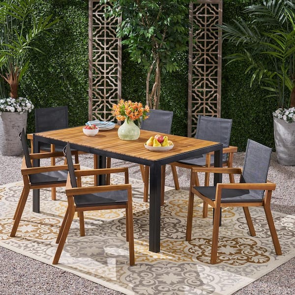 Lemyra Teak Brown 7-Piece Wood and Black Mesh Outdoor Dining Set
