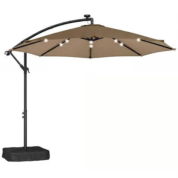10 ft. x 8 ft. Steel Solar Cantilever Patio Umbrella with LED Lights, Cross Base and Cover in Tan