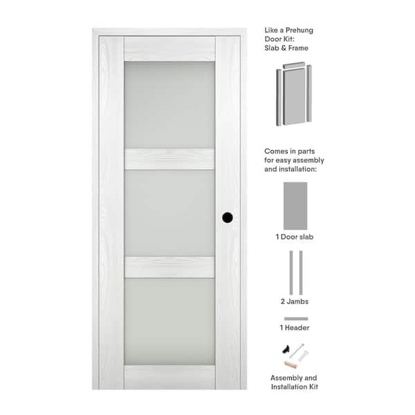 Vona 3 Lite 30" x 79.375" Left-Hand Frosted Glass Ribeira Ash Composite Solid Core Wood Single Prehung Interior Door