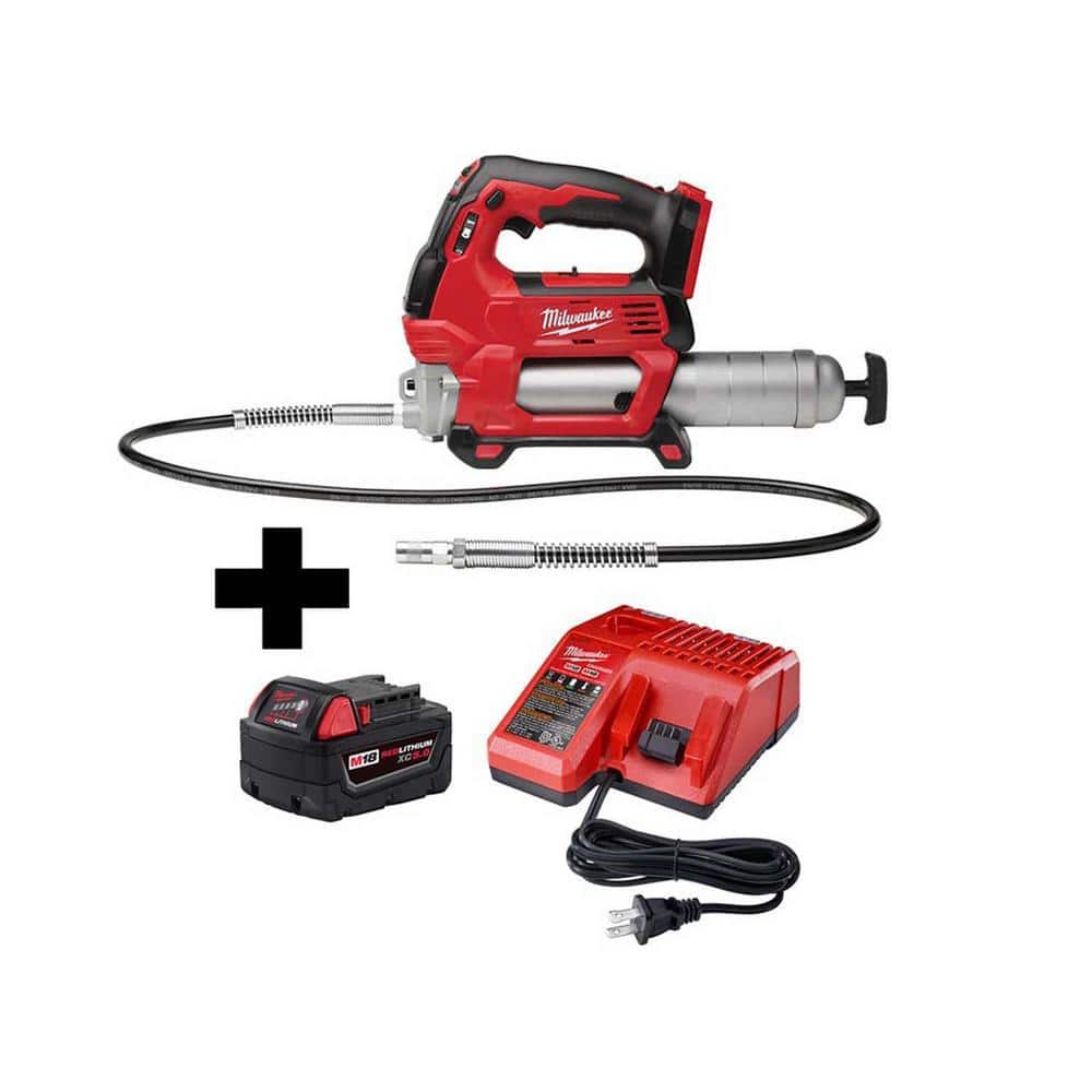 M18 18V Lithium-Ion Cordless Grease Gun 2-Speed W/M18 Starter Kit W/one 5.0 Ah Battery and Charger -  Milwaukee, 2646-20-48-59-1