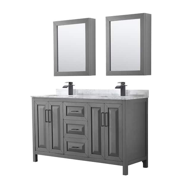 Wyndham Collection Daria 60 in. W x 22 in. D x 35.75 in. H Double Bath Vanity in Dark Gray with White Carrara Marble Top & Med Cab Mirrors