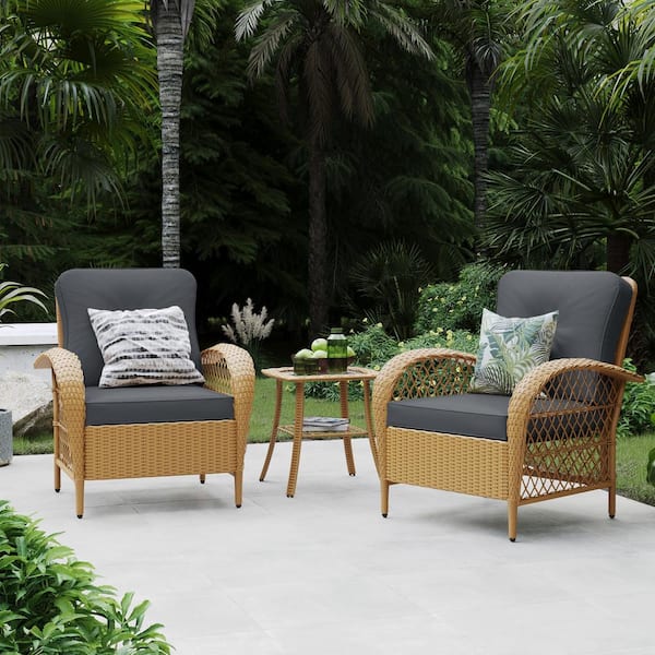 UPHA 2 Pieces Outdoor Beige Wicker Patio Conversation Sofa Seating Set with Coffee Table in Dark Gray