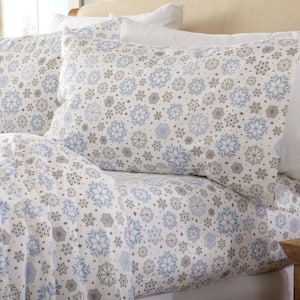4-Piece Blue Holiday Themed 100% Turkish Cotton California King Premium Flannel Sheet Set