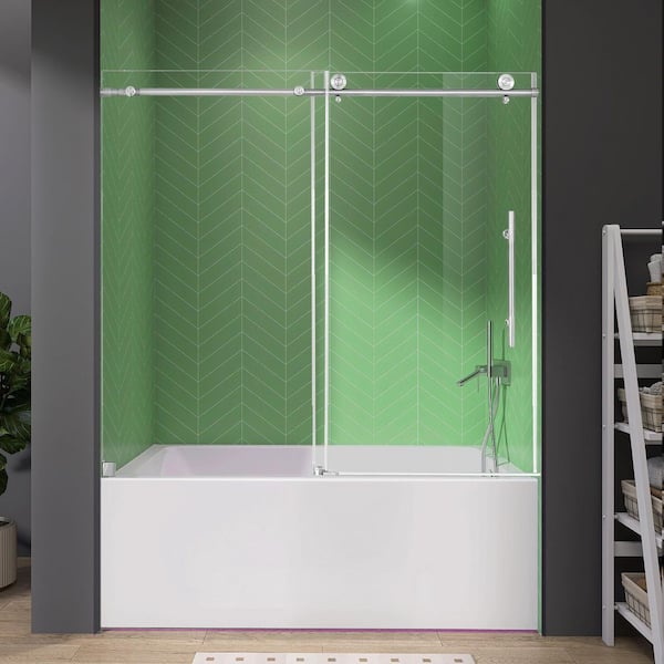 60 in. W x 60 in. H Single Sliding Frameless Tub Door in Brushed Nickel with 5/16 in. (8 mm) Clear Tempered Glass
