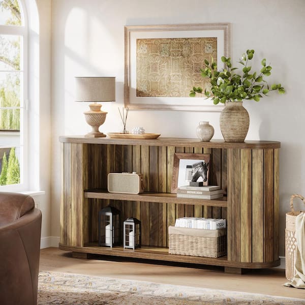 BYBLIGHT Turrella 63 in. Heavy Duty Brown Sofa Table, 3-Tier Rectangle Wood Console Table with Storage for Hallway, Living Room