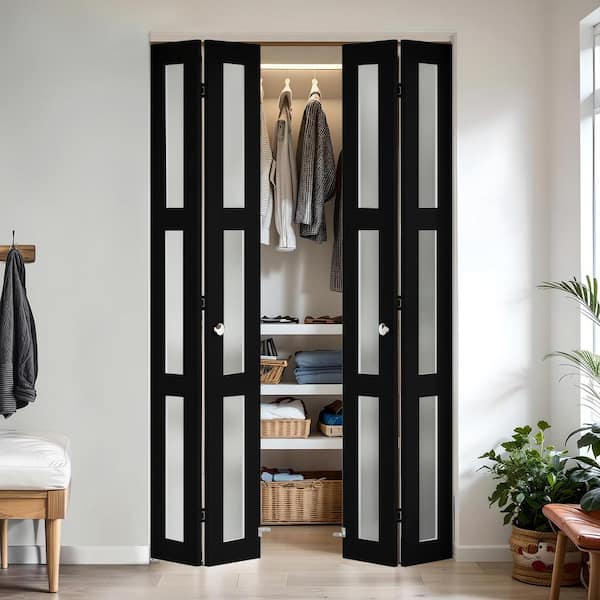60 in. x 78 in. (Double 30 in.) 3-Lite Frosted Glass Solid Core Black MDF Closet Bi-Fold Door with Hardware Kit