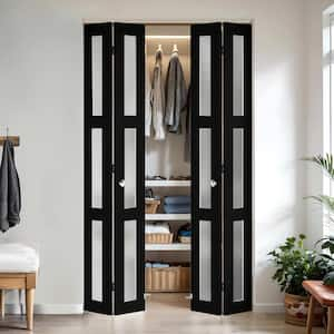 48 in. x 78 in. (Double 24 in.) 3-Lite Frosted Glass Solid Core Black MDF Closet Bi-Fold Door with Hardware Kit