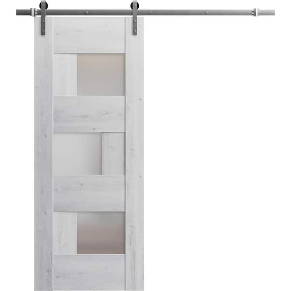 36 in. x 84 in. 1 Panel Frosted Glass Nordic White Wood Sliding Barn Door with Hardware Kit