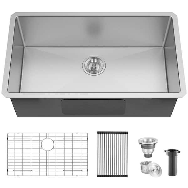 30 in. Undermount Single Bowl 16 Gauge Brushed Nickel Stainless Steel Kitchen Sink with with Strainer, Drying Rack
