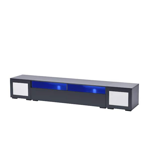 Polibi Boho style TV Stand Fits TV's up to 90 in. with Push to Open Doors and Color Changing LED Lights, Black