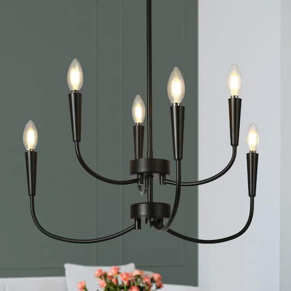 LNC Modern 24 in. 6-Light Black Chandelier Minimalist Ceiling Light for Master Bedroom and Living Room with Candle Design