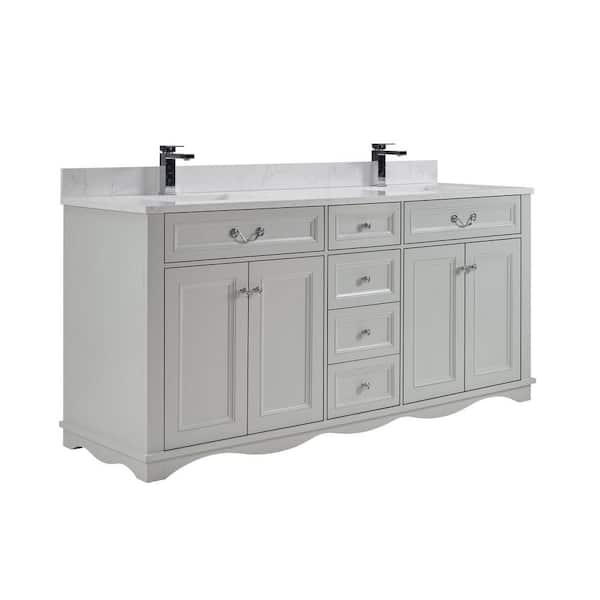French Contemporary 72 in. Freestanding Silver Strand Bath Vanity with White Artificial Stone Top Assembled Bath Vanity