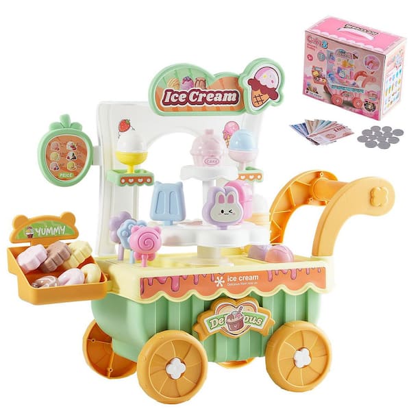 Ice Cream Cart for Kids, 27 PCS Accessories, Pretend Play Store with Storage Trolley Pretend Money Sound & Light Effects