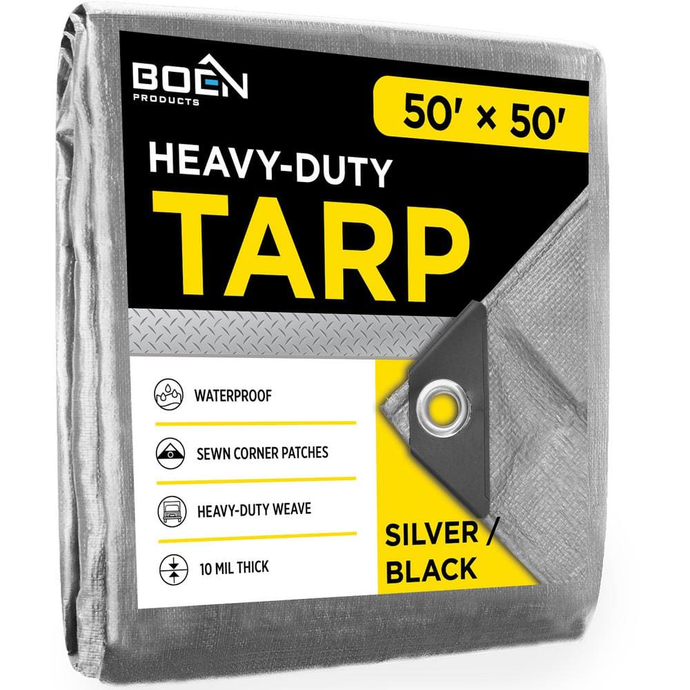 BOEN 50 ft. x 50 ft. Heavy-Duty Commercial Silver/Black Tarp Cover 10 Mil Thick Weave Material, Waterproof ST-5050 - The Home Depot BOEN 50 ft. x 50 ft. Heavy-Duty Commercial Silver/Black Tarp Cover 10 Mil Thick Weave Material, Waterproof ST-5050 - The Home Depot
